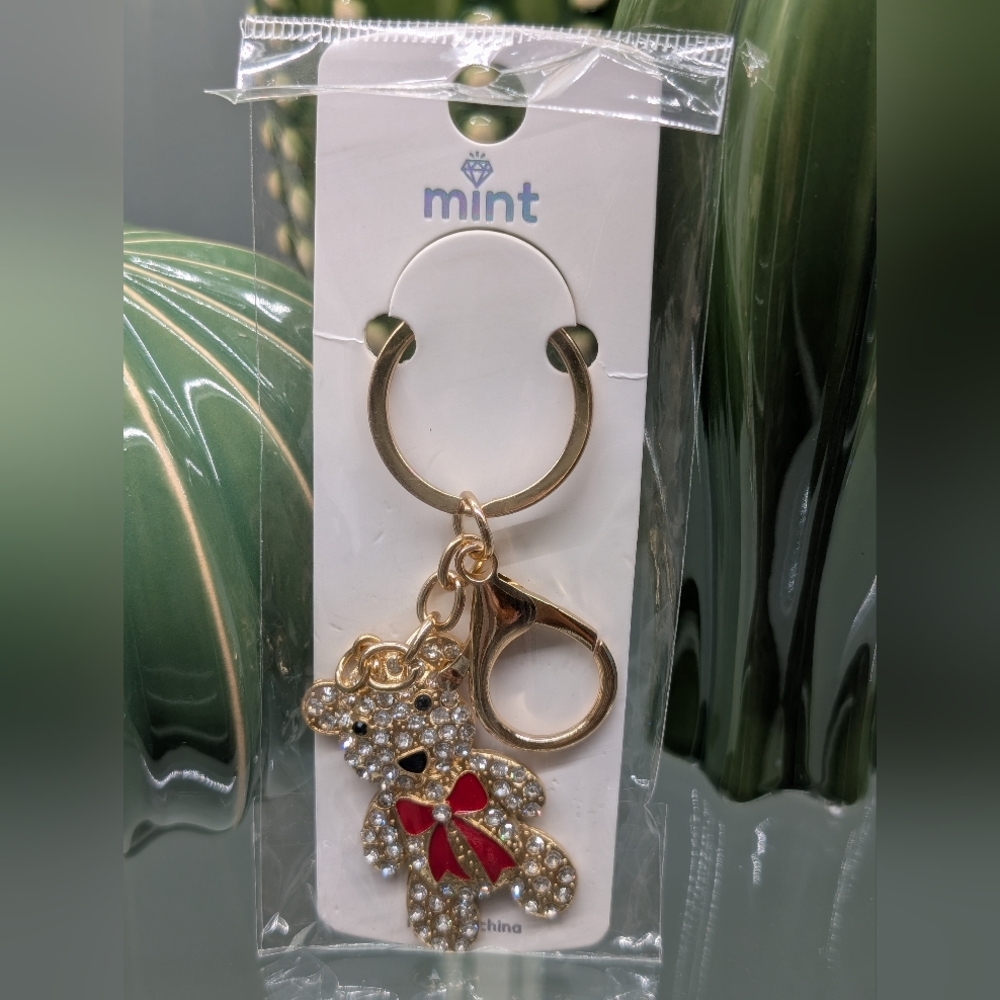 Mint Sparkling Gold and Red Bear Keychain/Bagcharm